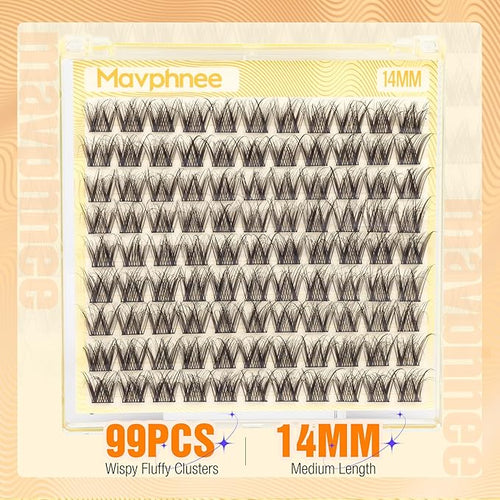 14MM Lash Clusters Natural Cluster Eyelash Extensions Wispy Cluster Lashes Extension 5D Fluffing Individual Lashes Whispy Eyelash Clusters 99Pcs for Everyday Wear
