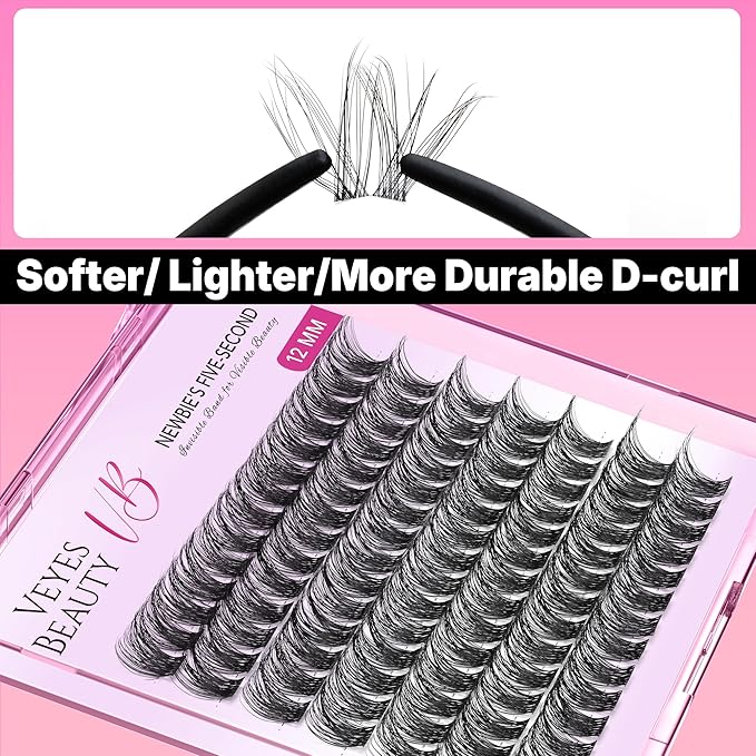 VEYESBEAUTY Lash Clusters Individual Eyelash Extensions Thin & Invisible Band DIY False Eyelashes for Self-application Newbie's Five-Second Series Wispy Lash Tray, Boldeye 12mm Single Length