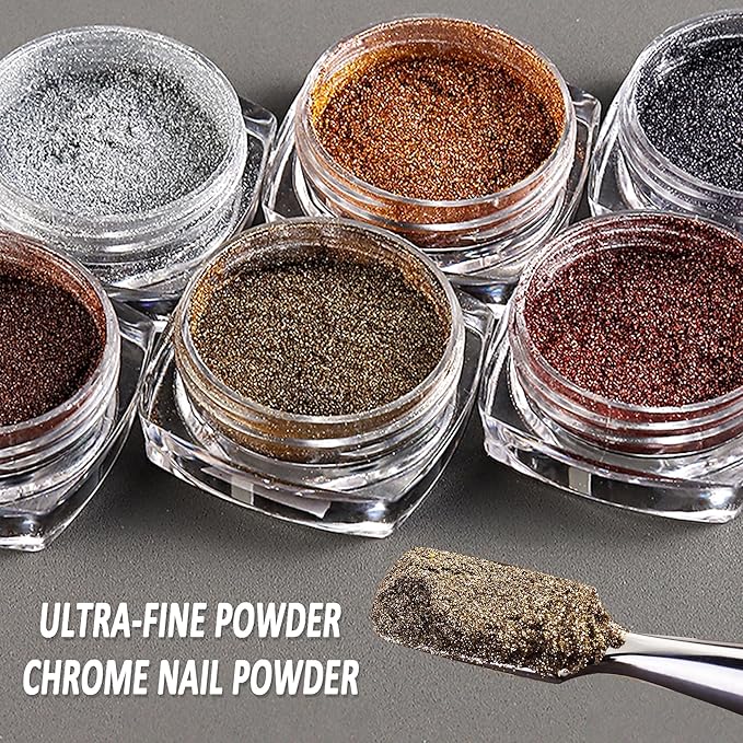 Chrome Nail Powder 6 Colors Metallic Chrome Powder for Nails Brown Bronze Gold Mirror Effect Rubbing Pigment Dust Fall Nail Art Glitter Set for Gel Polish Nail Art Design Manicure Decoration