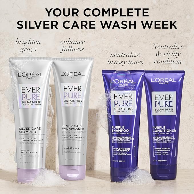 L'Oreal Paris EverPure Silver Care Sulfate Free Shampoo and Conditioner Set,Nourishing Vegan Formula with Peptides for Brightening Gray Hair,1 Kit,(Pack of 3)