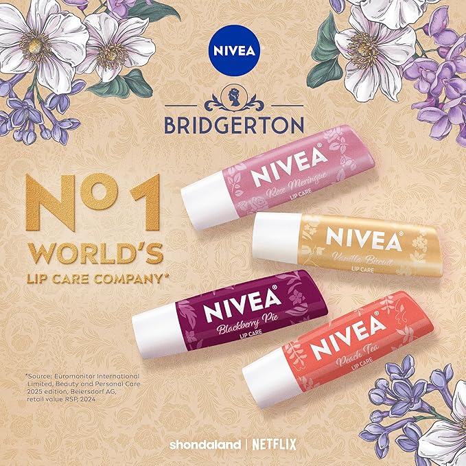 NIVEA Lip Care, Bridgerton Limited Edition Lip Balms with Shea Butter, Blackberry Pie, Peach Tea, Rose Meringue, Vanilla Biscuit, Mothers Day Gifts, Four 0.17 Oz Sticks