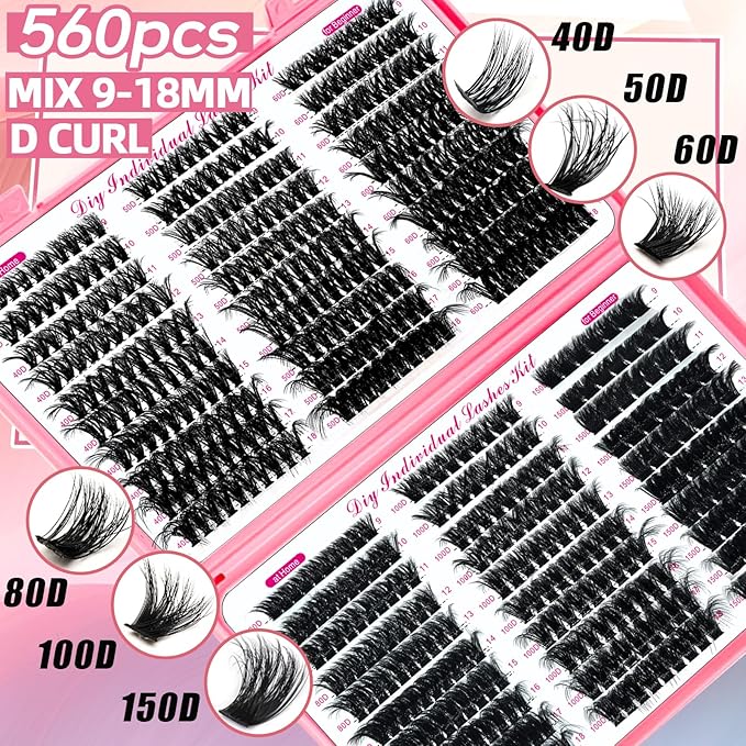 QUKLOGEN DIY Lash Extension Kit 772Pcs D Curl 4 styles Individual Lash with Bottom Lash Clusters Lash Bond and Seal,Quick Glue Remover Tweezers Eyelash Brush Mini Applicator (LASH003)