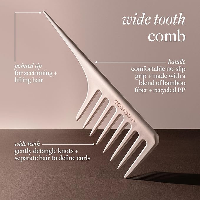 EcoTools Wide Tooth Comb for Curly, Thick Or Wet Hair, Detangling Brush With Sectioning Tip & No-Slip Grip, Bamboo Hair Comb, Eco-Friendly, Vegan & Cruelty-Free, Anti-Breakage, 1 Count