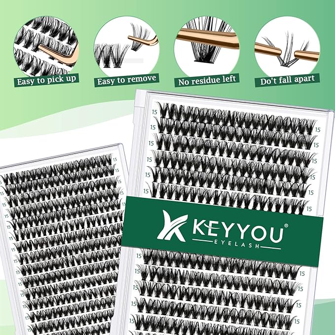 KEYYOU Lash Clusters 300pcs Individual Lashes, 40D 0.07D Curl 15mm DIY Eyelash Extension, Soft & Natural Volume Cluster Lashes with Large Tray