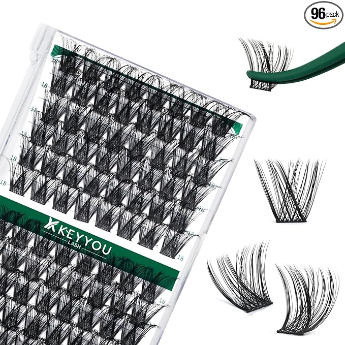 Lash Clusters 96pcs Individual Lashes Y01 D Curl 18mm Cluster Lashes KEYYOU Volume Wispy Lash Extension Soft&Comfortable Easy DIY at Home(Y01,D-18mm)