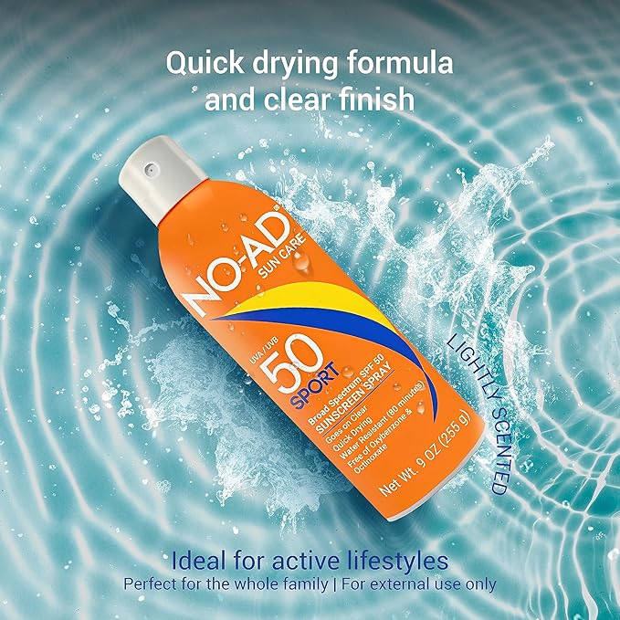 NO-AD SPORT SPF 50 Sunscreen Spray | Non-Greasy, Waterproof and Non toxic Sunscreen | Body Sunscreen | Suitable for All Skin Types | Broad Spectrum Protection for Active Lifestyles | 9 oz