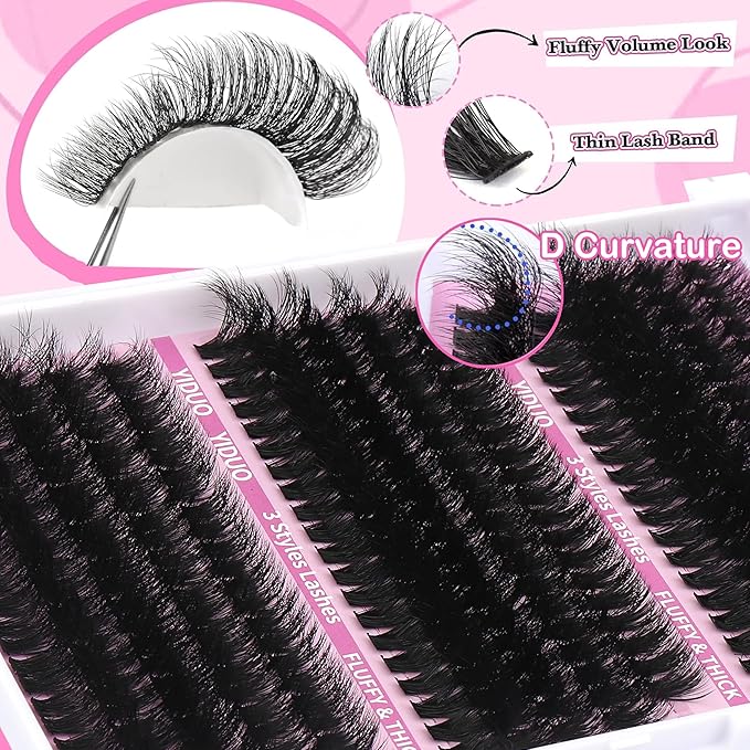 YIDUO Volume Lash Clusters Kit 255Pcs Wispy Individuals Eyelash Extension Kit 3 Styles Thick Clusters Lashes Extensions Kit with Bond and Seal |Tweezers |Removers |Eyelash & Eyebrow Brush