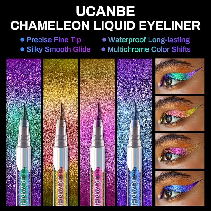 UCANBE Chameleon Liquid Eyeliner - Purple Blue Duo, Multi-Chrome Metallic Shift Eyeliner, Waterproof Glitter Eyeliner with Soft Fine Tip for Multi-Dimensional Eye Looks
