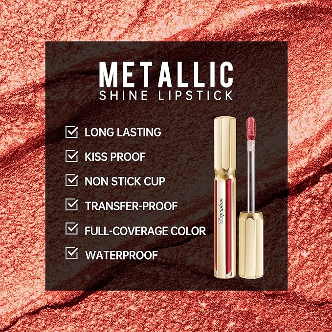 Depuplum Red Lipsticks for Women Metallic Lipstick Long Lasting Shimmer Lip Gloss Metal Shine Glitter Waterproof Lipsticks Full Coverage Lip Color for Mother's Day,DP116 Expectation