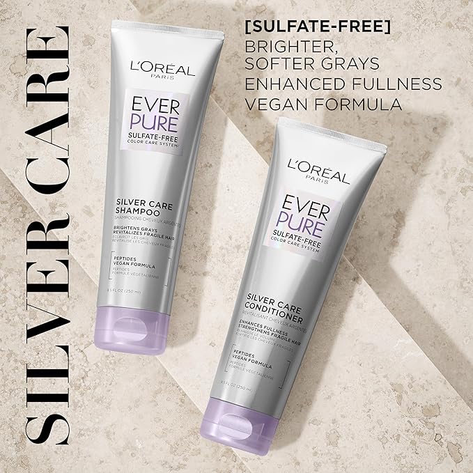 L'Oreal Paris EverPure Silver Care Sulfate Free Shampoo and Conditioner Set,Nourishing Vegan Formula with Peptides for Brightening Gray Hair,1 Kit,(Pack of 3)