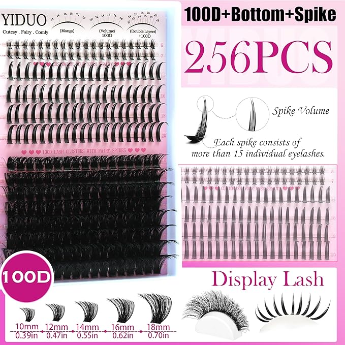YIDUO Lashes Clusters Kit Bottom Lashes with Spikes 100D Cluster Eyelash Extensions Kit 10-120mm Volume Manga DIY Individual Strips Lashes Thick with Lash Bond and Seal Tweezers Remover