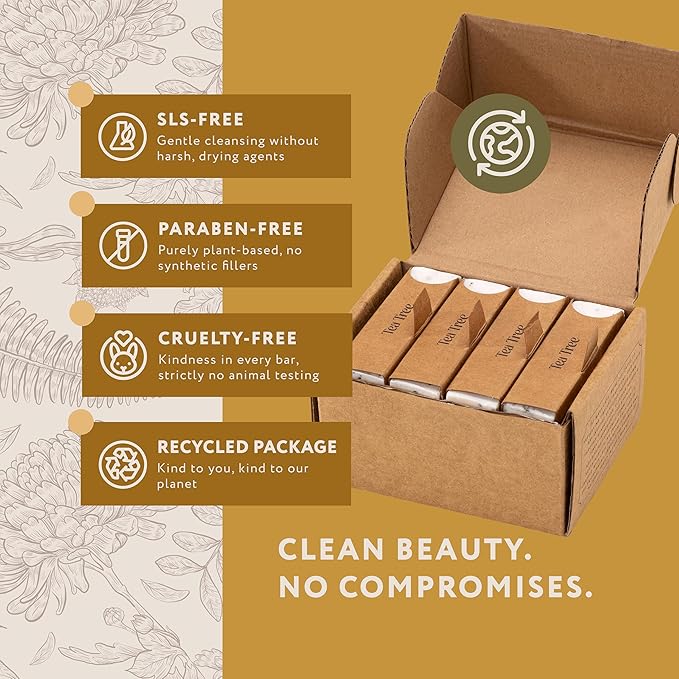 Mary Case Tea Tree Bar Soap Set of 4 | Natural Soap with Olive, Coconut & Tea Tree Oils + Real Tea Tree Leaves | Vegan Bath Soap for Men & Women | Balancing Oily Skin & Clearing Pores