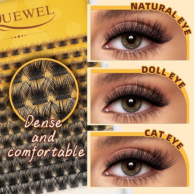 QUEWEL Lash Clusters Kit, 144 Pcs DIY Lash Extension Kit Individual Lashes Eyelash Extension Kit with Lash Bond and Seal Lash Tweezers (144-Mega Kit)