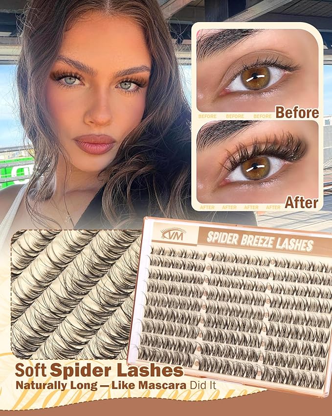Spider Breeze Lash Clusters, Natural Wispy Eyelash Clusters D Curly Lashes Cluster Kim K Style 8-16mm Cluster Eyelash Extensions Reusable Individual Lashes with Invisible Band for DIY by Vanssymunlin