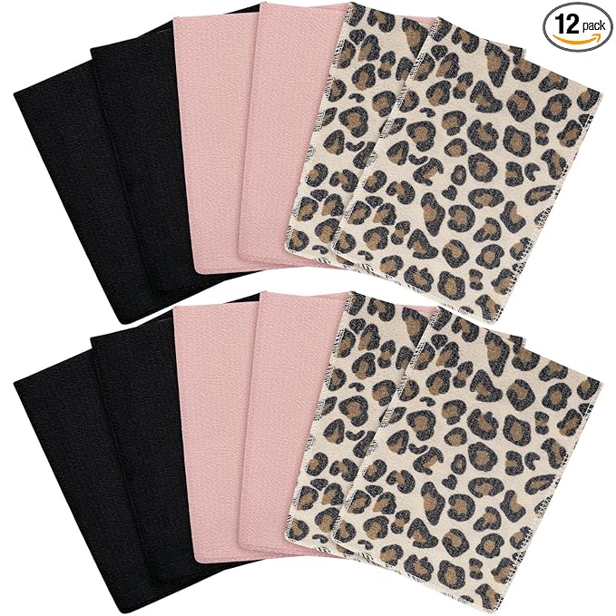 Tatuo 12 Pieces Korean Exfoliating Mitt Glove Italy Towel Skin Body Scrubber Exfoliating Scrubber for Remove Dead Skin Wash Cloth Korean (Small,Pink, Black, Print Leopard)