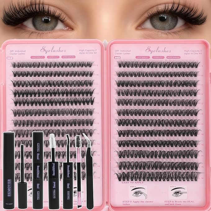 Lash Clusters Kit, Eyelash Clusters Individual Lash Extension Kit 480 Pcs D Curl Fluffy Wispy False Eyelashes Extensions Thin Band with Bond Seal Tweezers Brush Removers (50D+60D Kit 9-16mm)