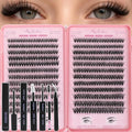 Lash Clusters Kit, Eyelash Clusters Individual Lash Extension Kit 480 Pcs D Curl Fluffy Wispy False Eyelashes Extensions Thin Band with Bond Seal Tweezers Brush Removers (50D+60D Kit 9-16mm)