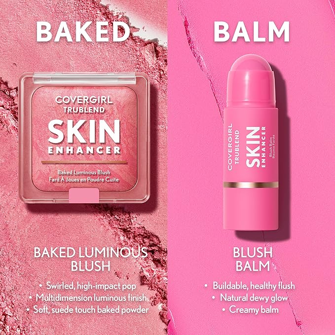 COVERGIRL TruBlend Skin Enhancer Baked Luminous Blush, with Hyaluronic Acid & White Rose Extract, Blends Seamlessly - Strawberry Drizzle (Bright Red with Light Red Swirls)