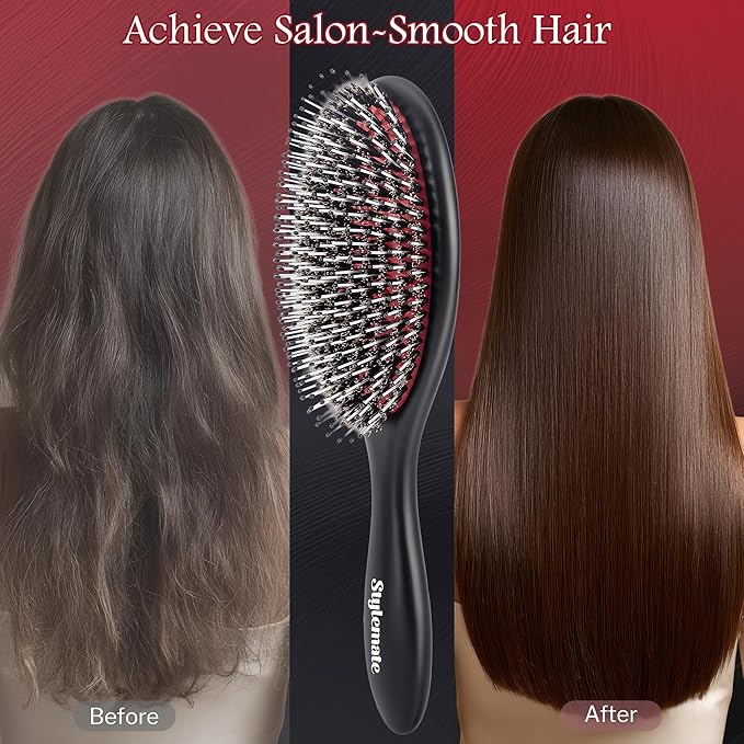 STYLEMATE Boar Bristle Hair Brush for Women Men, Stiff Nylon Pins and Natural Soft Boar Bristles for Thick & Fine Hair, Large Paddle Smoothing Hairbrush for Detangling, Defining, Shine