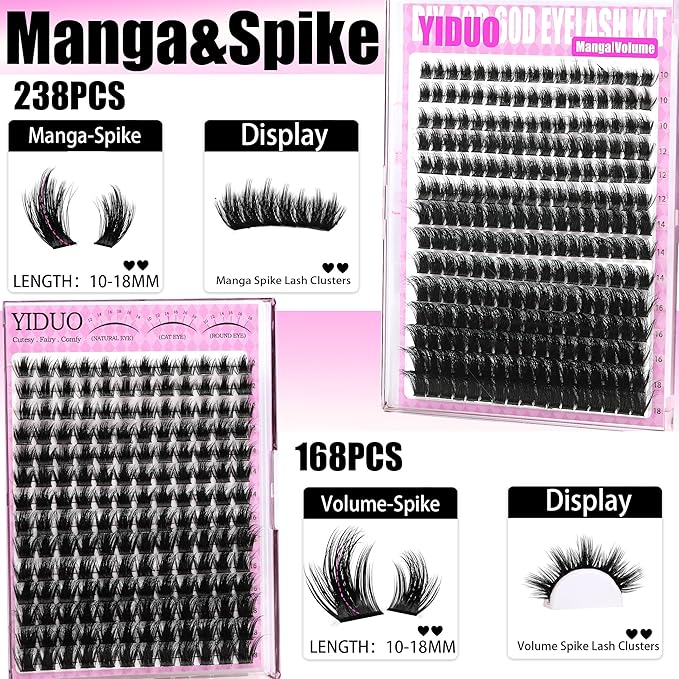 YIDUO Spikes Lash Clusters Kit 406Pcs Volume Manga Cluster Eyelash Extensions Kit 10-18mm Wispy Lashes Clusters wide band Anime Individual Lash Cluster with Lash Glue Easy to Use for Beginners