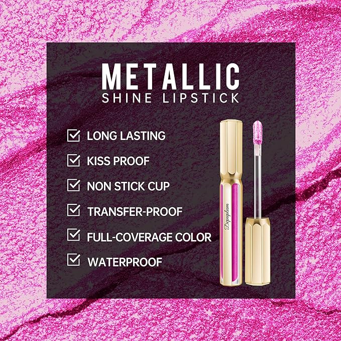 Depuplum Hot Pink Lipsticks for Women Metallic Lipstick Long Lasting Shimmer Lip Gloss Metal Shine Glitter Waterproof Lipsticks Full Coverage Lip Color for Mother's Day,DP112 Show Girl