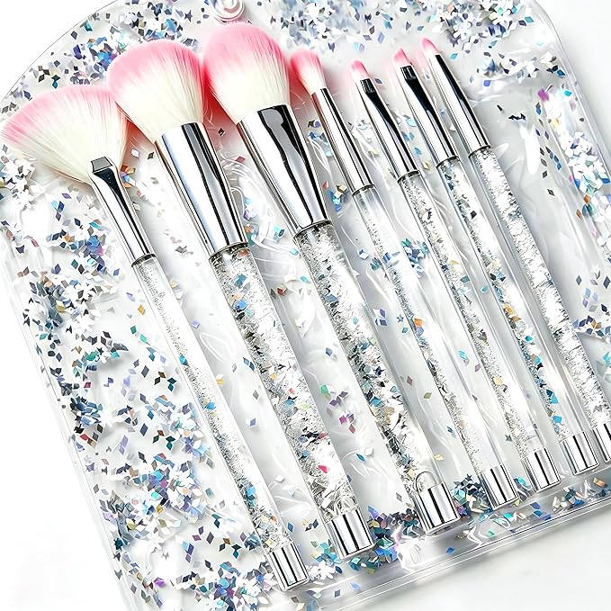 Travel Makeup Brush Set for Girls,Grey White Transparent Unique Liquid Flows Handle with Fan Lip Eye Shadow Blender Eyebrow Brush Sets for Kids Girls Lady Gift Present