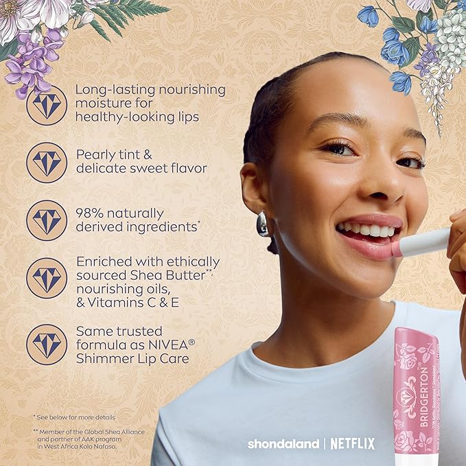 NIVEA Lip Care, Bridgerton Limited Edition Lip Balms with Shea Butter, Blackberry Pie, Peach Tea, Rose Meringue, Vanilla Biscuit, Mothers Day Gifts, Four 0.17 Oz Sticks