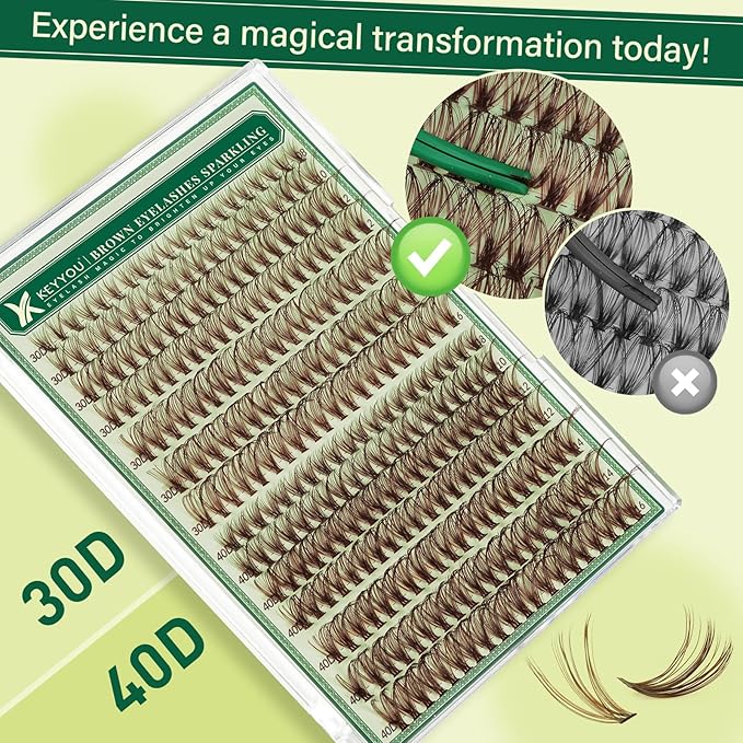 KEYYOU Brown Lash Clusters Natural Lash Extensions Wispy Eyelash Clusters 280Pcs D Curl Eyelash Extensions for Beginner Friendly Dark Lash Clusters Brown Eyelash Extensions (Brown-30D40D-D-8-16MIX）