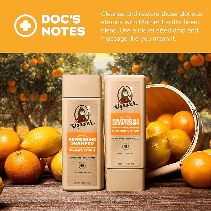 Dr. Squatch Men's Natural Shampoo and Conditioner Set – Sulfate & Paraben Free Natural Shampoo and Conditioner for Men – Scalp Nourishing Formula – Summer Citrus (11 fl oz, 2-Pack)