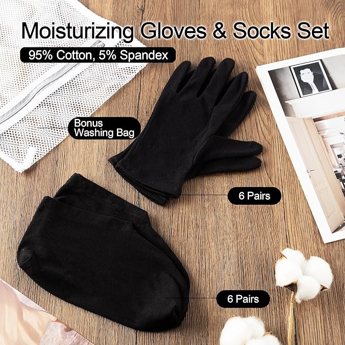 12 Pairs Cotton Moisturizing Gloves and Socks Set (1 Washing Bag, Snug Fit), Dry Hands Feet Overnight Lotion SPA Treatment, Eczema Skin Friendly, Breathable and Soft Glove Liners, Black