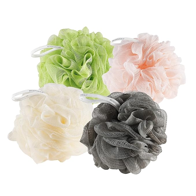 EcoTools Delicate EcoPouf 4 Pack, Loofah Sponge for Bath & Shower, Recycled Netting, Gentle Exfoliation, Pouf for Body Wash, Eco-Friendly Bath Accessory, Cruelty-Free, Color May Vary, (60g Each)