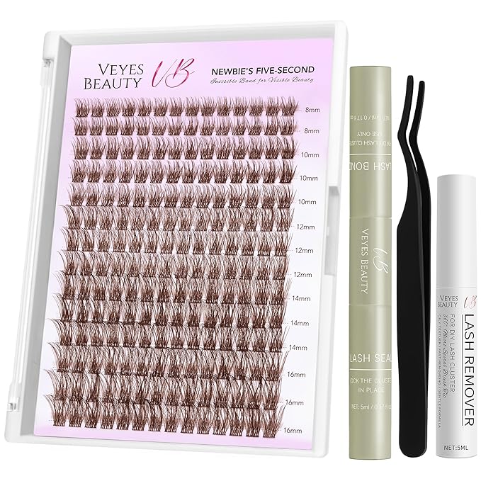VEYESBEAUTY Dreamy Brown Lash Clusters Kit Individual Lash Extensions Newbie's Five-Second DIY Dramatic Volume Eyelash Wispy Faux Mink Lash Mixed Length Tray with Bond & Seal, Applicator at Home