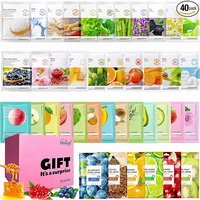 40 Pack Collagen Face Masks Skincare Bulk for All Skin Types,Hydrating Spa Sheet Mask for Sensitive Skin, Facial Mask Sets For Women Skin Care,Hydrating Face Mask Gifts Set for Teen Girls
