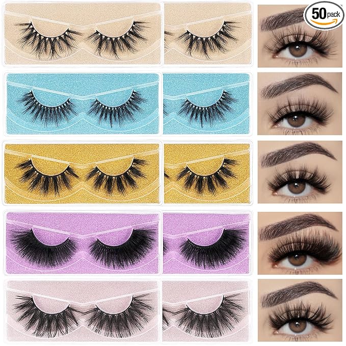 Wholesale Lashes, 3D Faux Mink Eyelash Bulk, 18mm Handmade Reusable Eye Lash, 5 Styles Dramatic Fluffy False Lash with Glitter Portable Packing (5 styles-10 pairs)