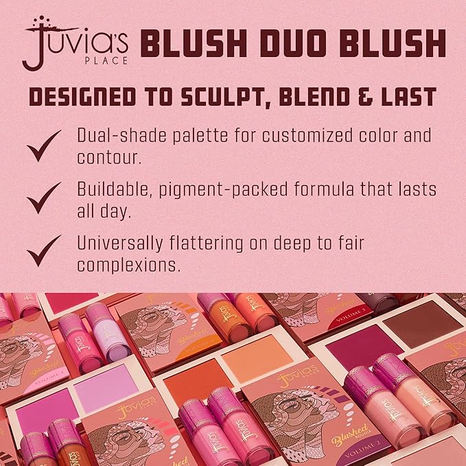 Juvia's Place Blushed Duo Blush - Two Tone Pigmented Buildable Pressed Mineral Powder - Rosy Natural Cheeks Matte Fresh Finish for All Skin Color -Volume1