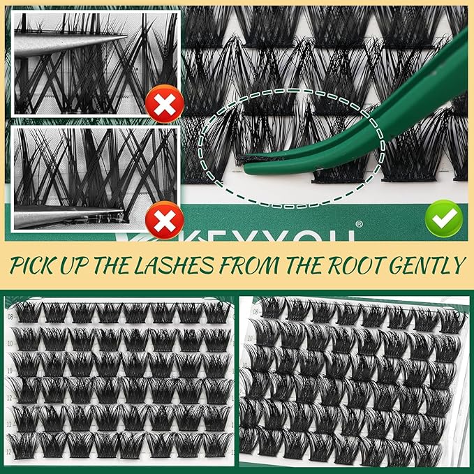 KEYYOU Lash Clusters,96 Pcs Cluster Lashes Y02 D Curl 8mm DIY Lash Extensions Eyelash Clusters,Volume Wispy Individual Lashes Soft&Comfortable Easy to DIY at Home