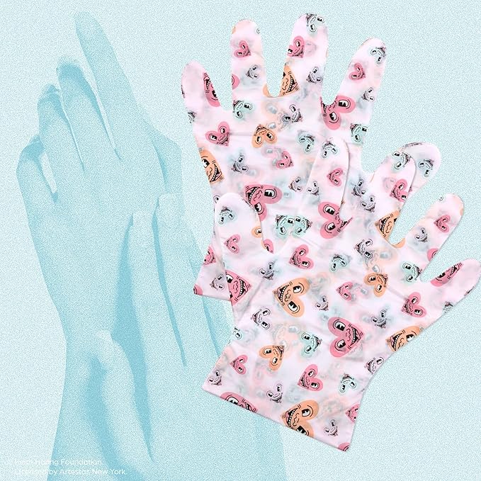 dearcloud x Keith Haring Infused Serum Hand Mask – hand masks moisturizing glove with Glycolic Acid & Shea Butter – Hand Mask for Dry Cracked Hands – Iris Rose Musk (3 Pairs/ 6 Gloves)