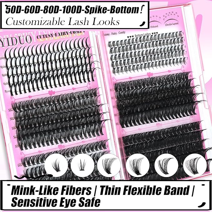 YIDUO Lash Clusters Kit with Spikes+Bottom Lashes Extensions 40D+60D+80D+100D Wispy Individual Cluster Eyelash Kit 600pcs Eyelash Cluster Extensions with Lash Bond and Seal Tweezers Remover