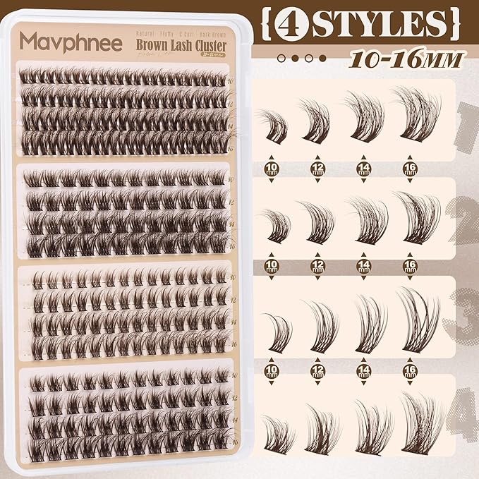 Brown Lash Clusters Natural Eyelash Clusters 4 Styles Wispy Cluster Lashes Individuals CC-Curly Lashes Extensions Dark Brown Cluster Eyelash Extensions Value Pack (200Pcs, 10-16MM) by Mavphnee