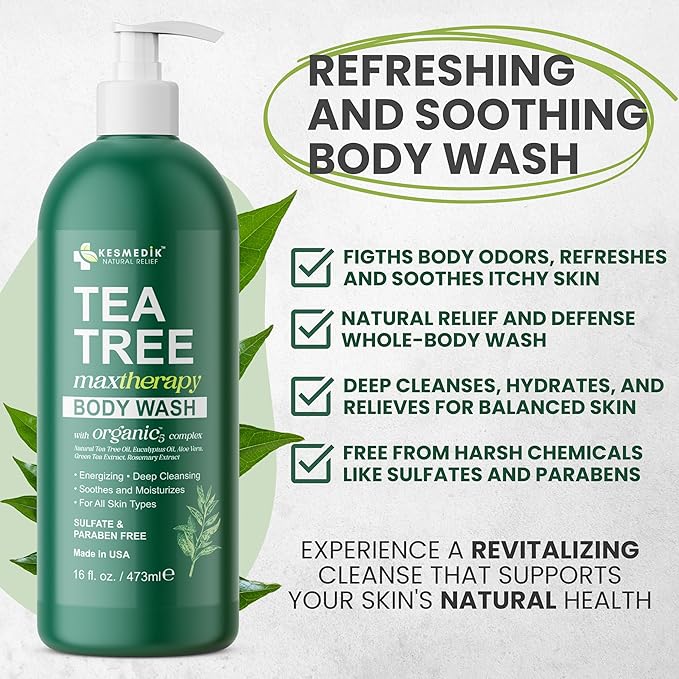 KESMEDIK Tea Tree Body Wash MaxTherapy, Itchy Skin Relief Soap, Soothes Jock Itch, Athlete's Foot, Acne, Eczema, Psoriasis & Sensitive Skin, Intimate Wash, Men & Women, 3-Pack, Original Edition