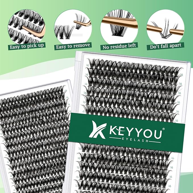 Lash Clusters 300pcs Individual Lashes 50D 0.07D Curl 16mm DIY Eyelash Extension KEYYOU Large Tray Volume Soft&Natural Cluster Lashes(50D-0.07D,16）