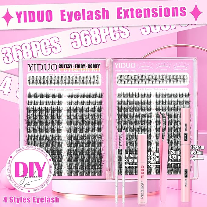 YIDUO Lash Clusters Kit 2 Styles Naturales Spiky Manga Clusters Lashes Extensions with Bottom Eyelash 368pcs 10-18mm Wispy Individual Lashes Kit with Bond and Seal|Tweezers|Removers|Lash Brush