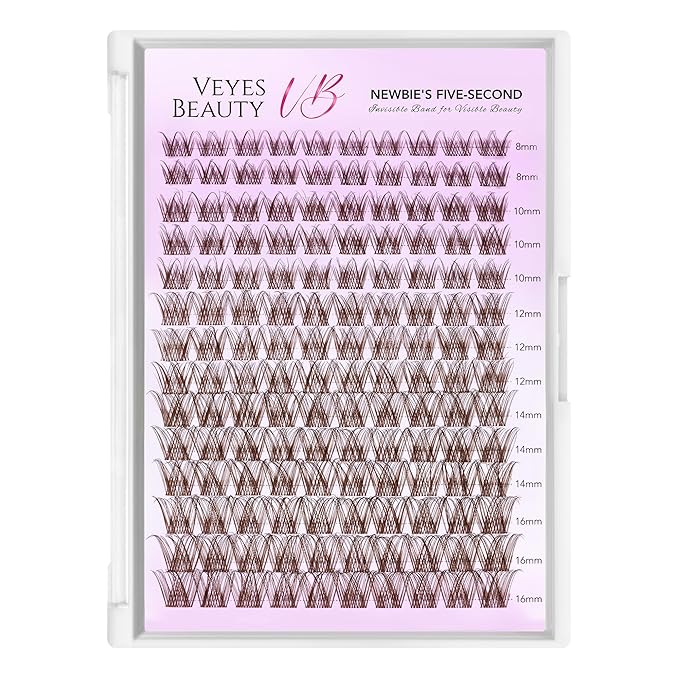 VEYESBEAUTY Brown Lash Clusters Individual Eyelash Extensions Thin & Invisible Band DIY False Eyelashes for Self-application Newbie's Five-Second Series Wispy Lash Tray, LuxeBold 8-16mm Mixed Length