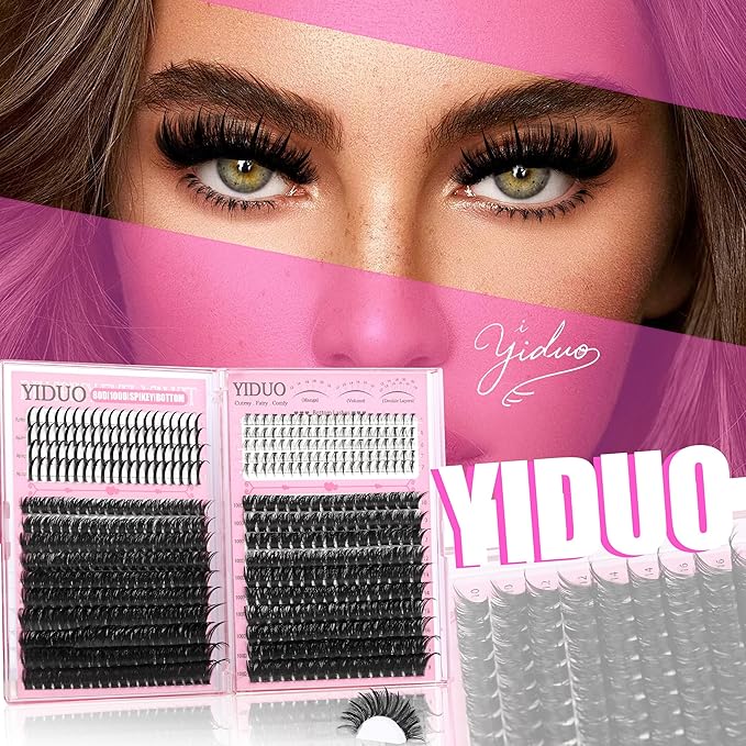 YIDUO 540Pcs Lashes Clusters Kit with Spikes+Bottom Eyelash 80D&100D Volume Clusters Lash Extension 10-18mm Wispy D Curvature Individual False Eyelashes Kit with Lash Bond and Seal, Dual Brow Pencil