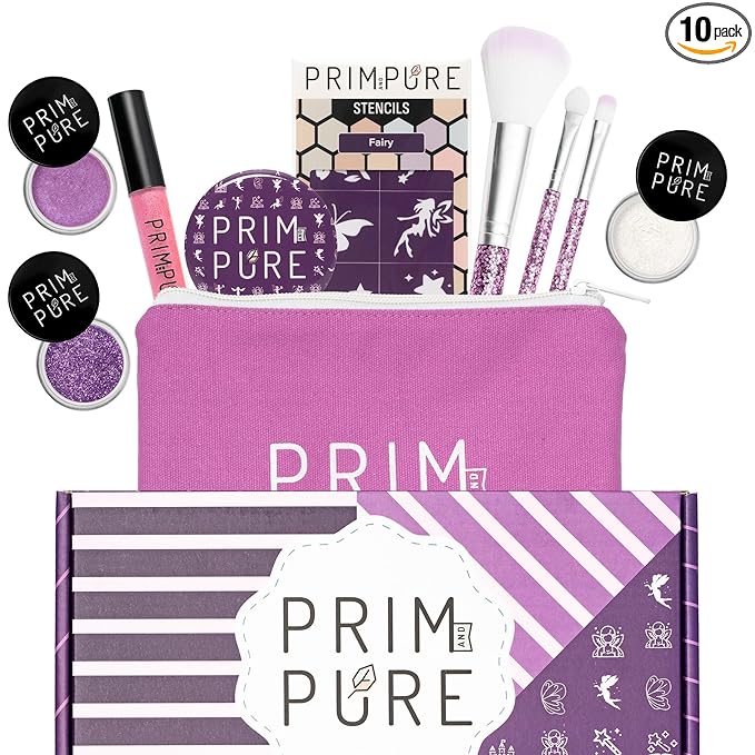 Prim and Pure Kids Makeup Gift Set - Stencil, Makeup Eyeshadow Bioglitter Lip Gloss and Cosmetic Bag Mirror Makeup Brush Accessories (Fairy Purple)