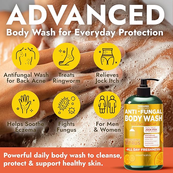 Antifungal Body Wash with Tea Tree Oil & Lemon Oil | 1% Tolnaftate Soap Helps Fight Ringworm, Jock Itch & Athlete’s Foot | Itch & Odor Relief | Medicated Citrus Body Wash for Men & Women | 16.9 oz