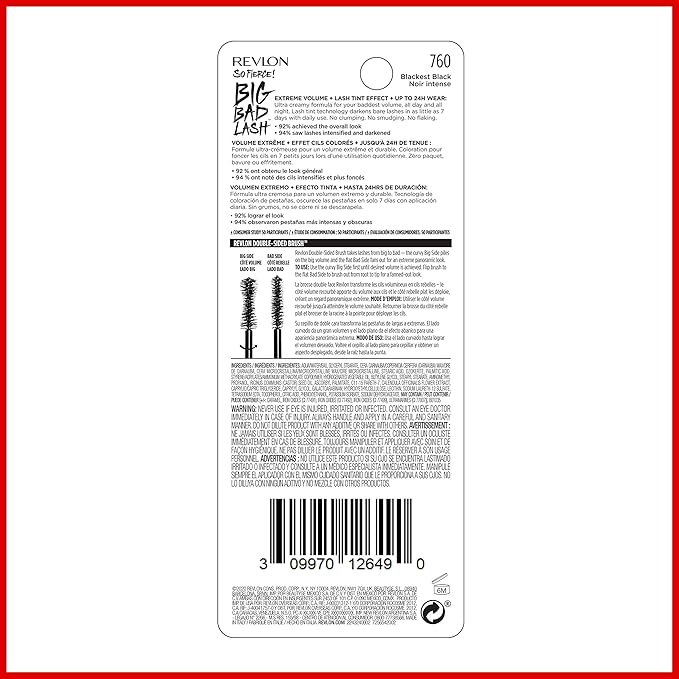 Revlon Mascara, So Fierce Big Bad Lash Eye Makeup, Volumizing, Lasts up to 24 Hours, No Clump, Smudge-Proof, Flake-Free, 760 Blackest Black, 0.34 fl oz