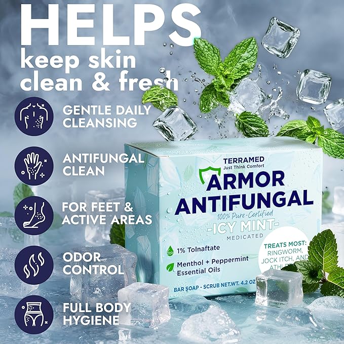 Antifungal Soap Infused with Peppermint Essential Oil | Medicated Tolnaftate 1% Soap for Itchy Skin, Athlete’s Foot, Ringworm & Jock Itch Treatment | Spearmint Freshness Bars Pack of 2 with Scrubber