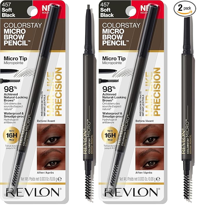 Revlon ColorStay Micro Eyebrow Pencil with Built In Spoolie Brush,Infused with Argan and Marula Oil,Waterproof,Smudgeproof,457 Soft Black,0.003 oz,(Pack of 2)