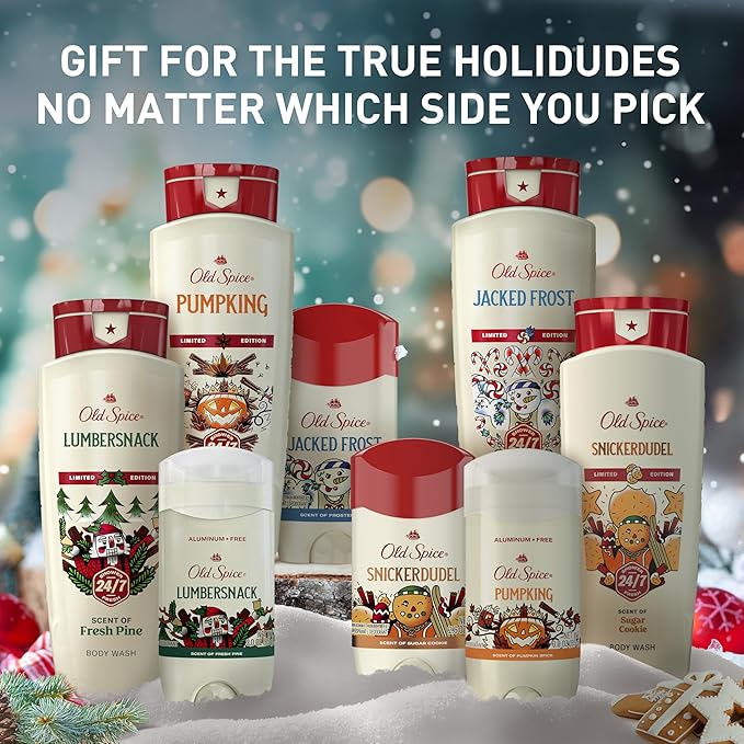 Old Spice Body Wash for Men, Holidudes Holiday Edition, 24/7 Holiday Freshness, Lasting Scent and Rich Lather, Stocking Stuffer, Lumbersnack with Fresh Pine Scent, 16 oz (Pack of 4)